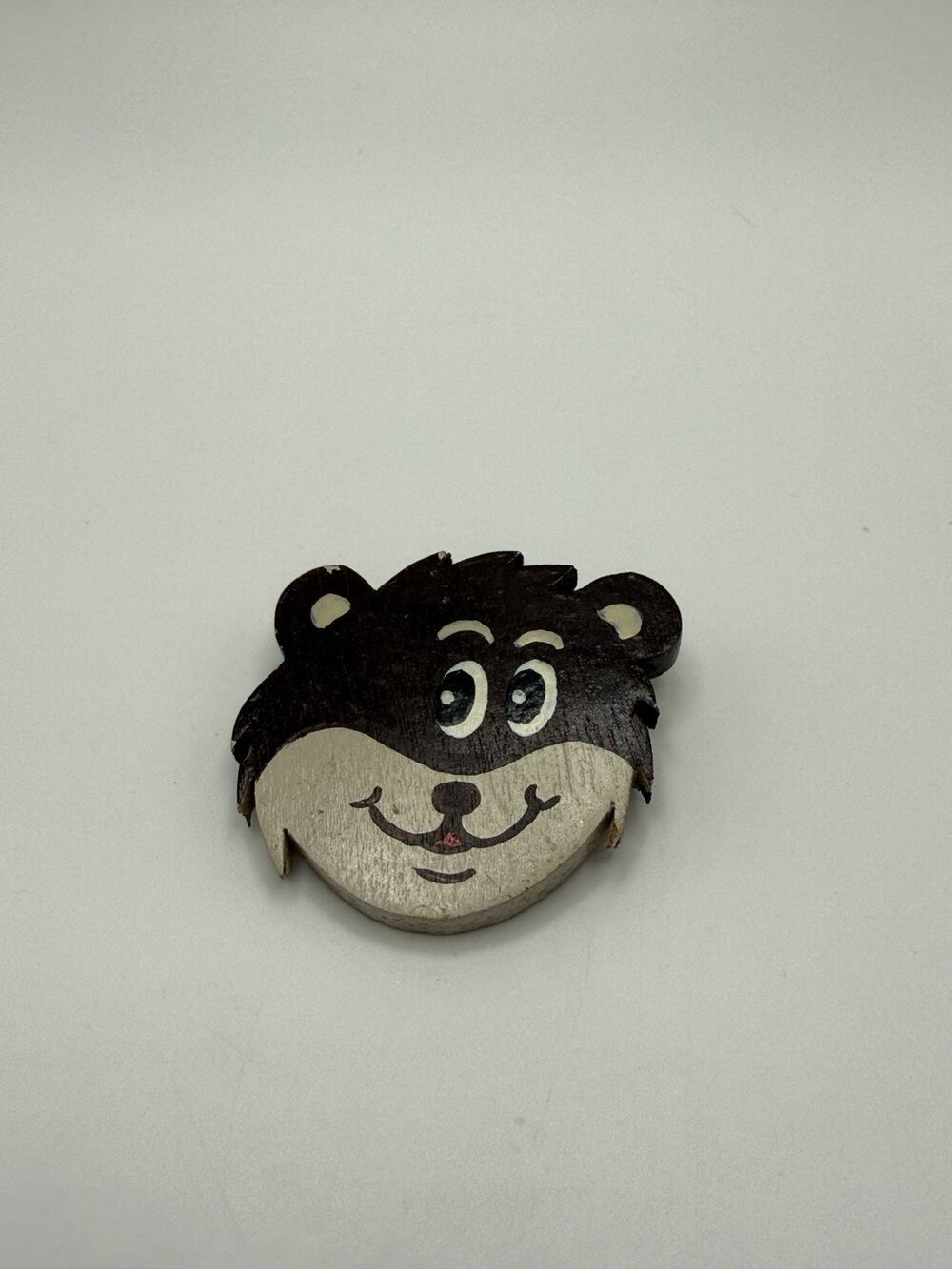 Vintage Brown Bear Handmade Smile Face Lapel Pin Hat Painted Wood Brooch
